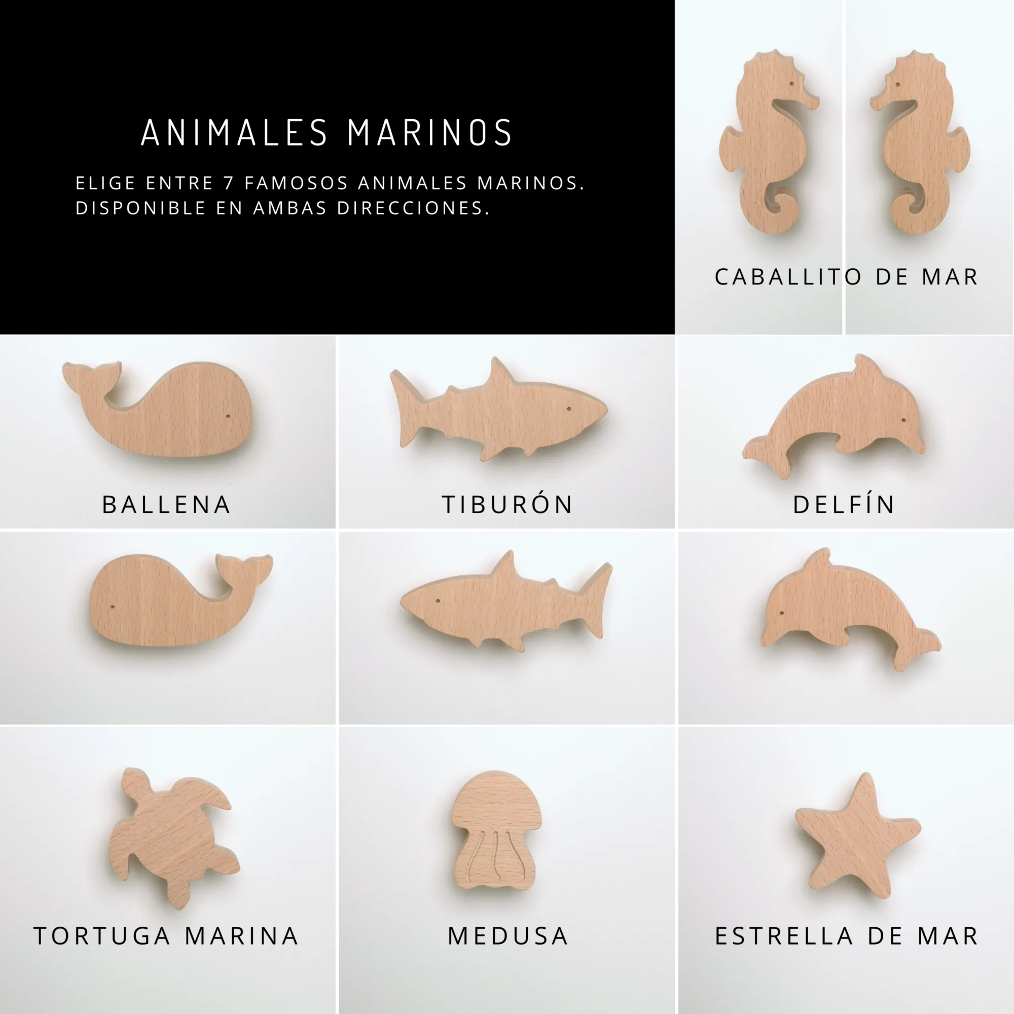 Pomos de tocador infantiles, animales marinos, formas disponibles