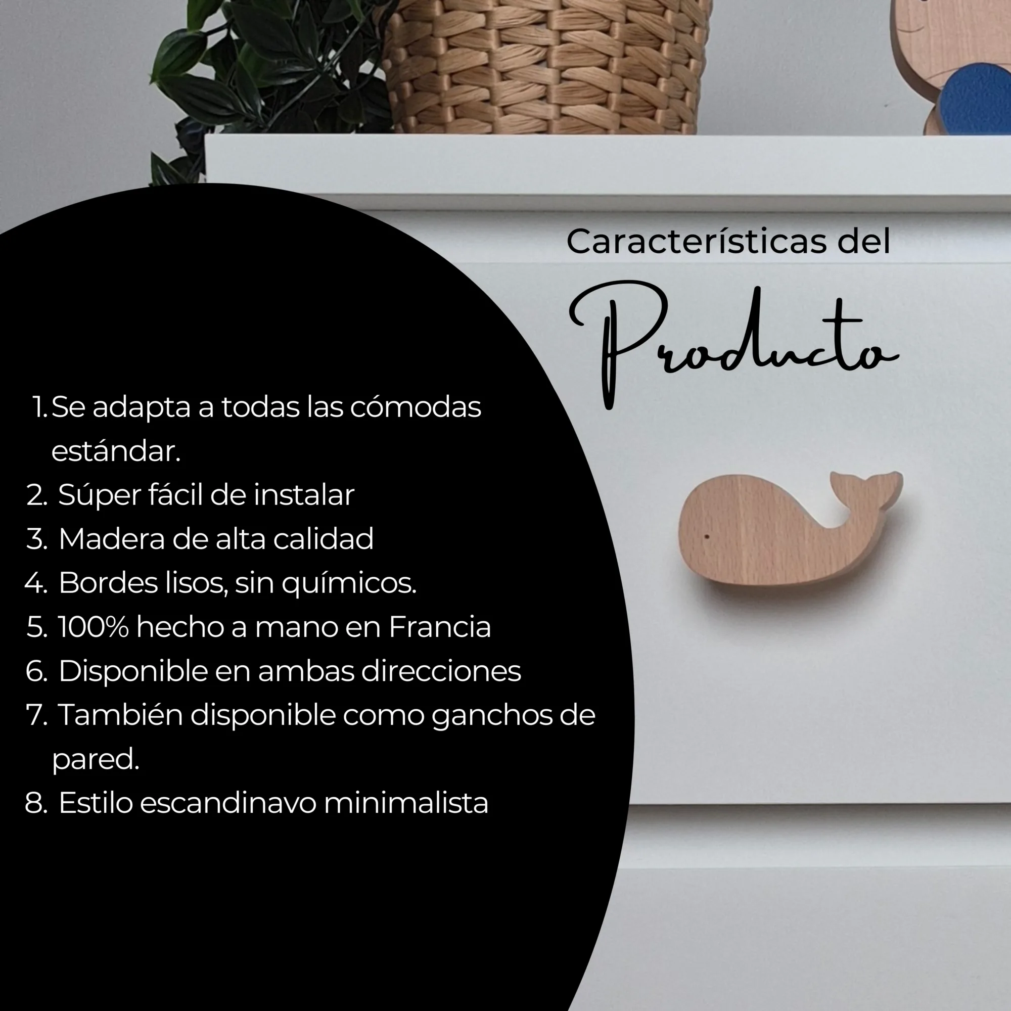 Pomo para mueble de madera para habitación infantil, temática de mar y animales marinos, características del producto