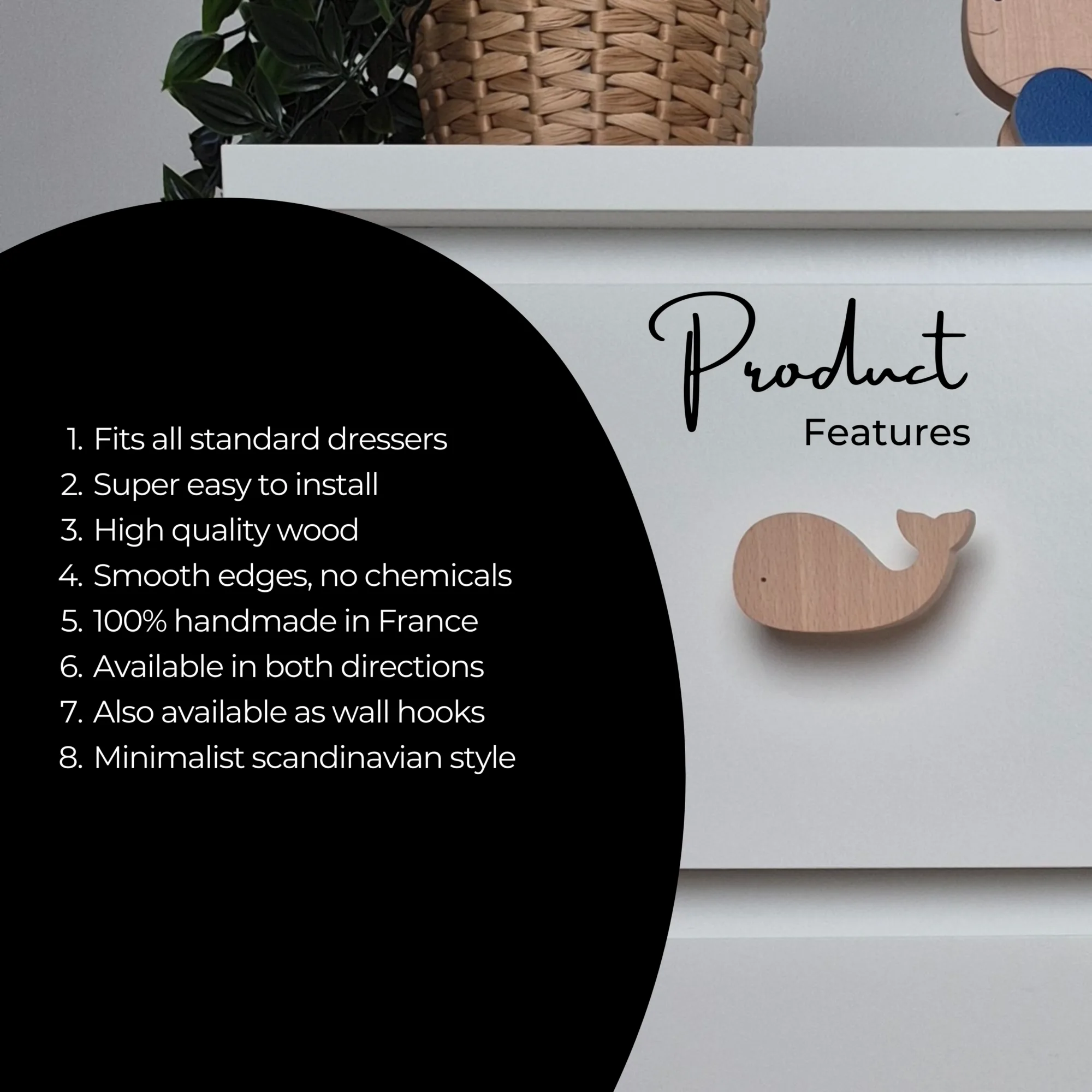 Wooden furniture knob for a child's room, sea and marine animal theme, product features